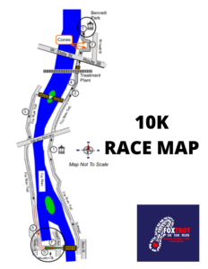 10K race map (not to scale). Course begins and ends near Peg Bond Center in Batavia, goes up the east side of the Fox River, turns around at Bennett Park, returns via same path until the bridge at Fabyan Windmill where it crosses to the west side of the river, returning to end on Houston St. in Batavia.