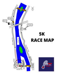 10K race map (not to scale). Course begins and ends near Peg Bond Center in Batavia, goes up the east side of the Fox River, crosses the bridge at Fabyan Windmill where course crosses to the west side of the river, returning to end on Houston St. in Batavia.
